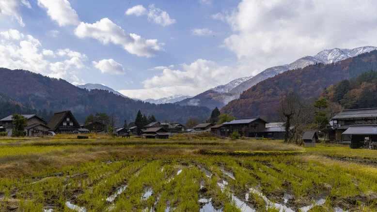 Panorama of Shirakawa-Go village and valley forest in autumn foliage