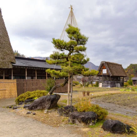 Panorama of Shirakawa-Go village and valley forest in autumn foliage